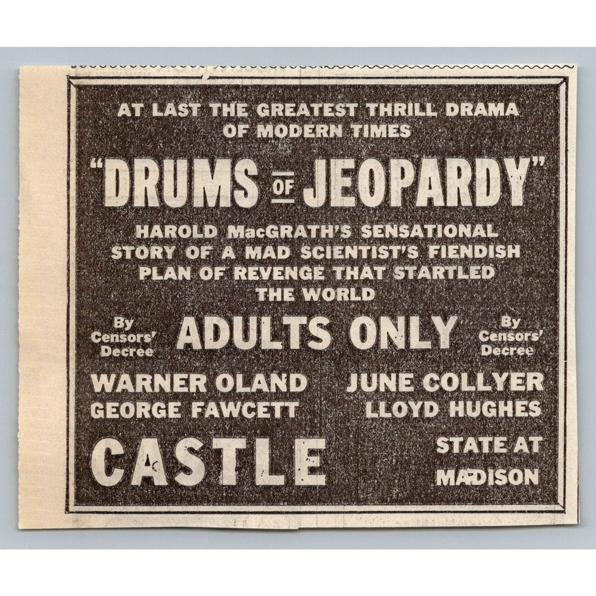 1931 Drums of Jeopardy Movie Ad Warner Oland June Collyer Castle State Madison