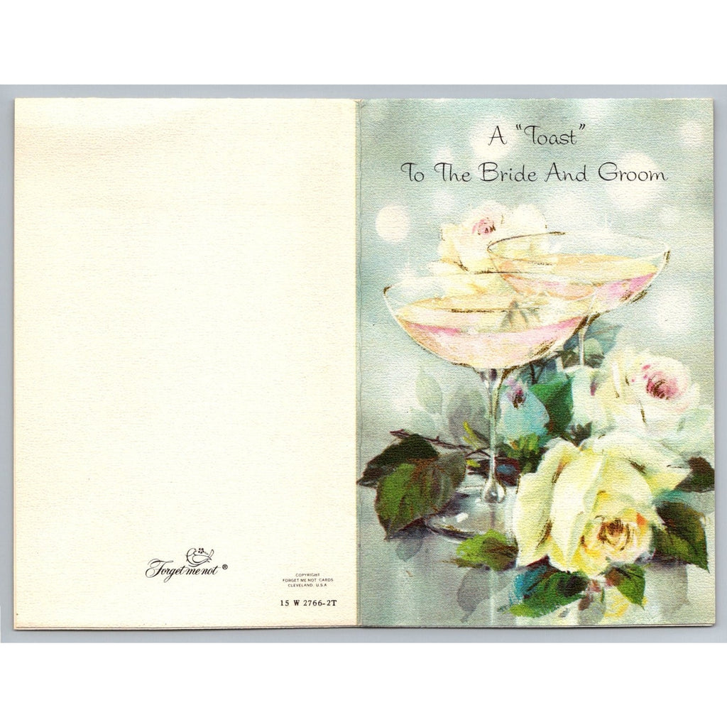 Vintage Forget Me Not Wedding Greeting Card A Toast Bride & Groom Roses Yellow