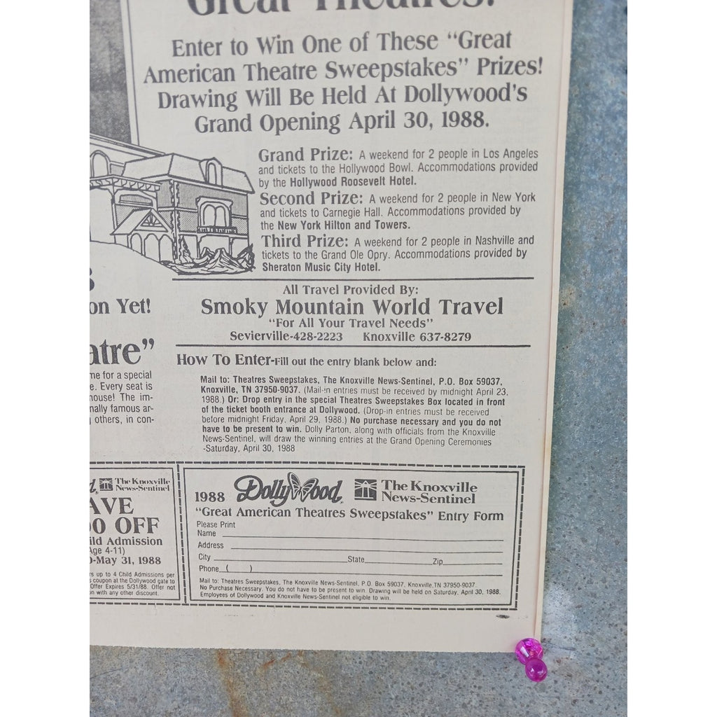 1988 Dollywood Dolly Parton Celebrity Theatre Grand Opening Sweepstakes Print Ad