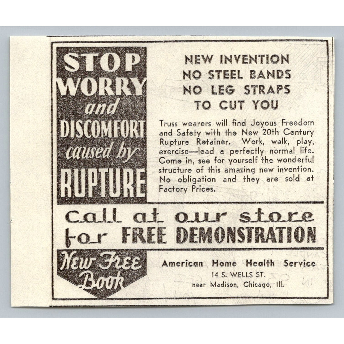 Vintage 1930s Chicago Rupture Truss Print Ad American Home Health Service