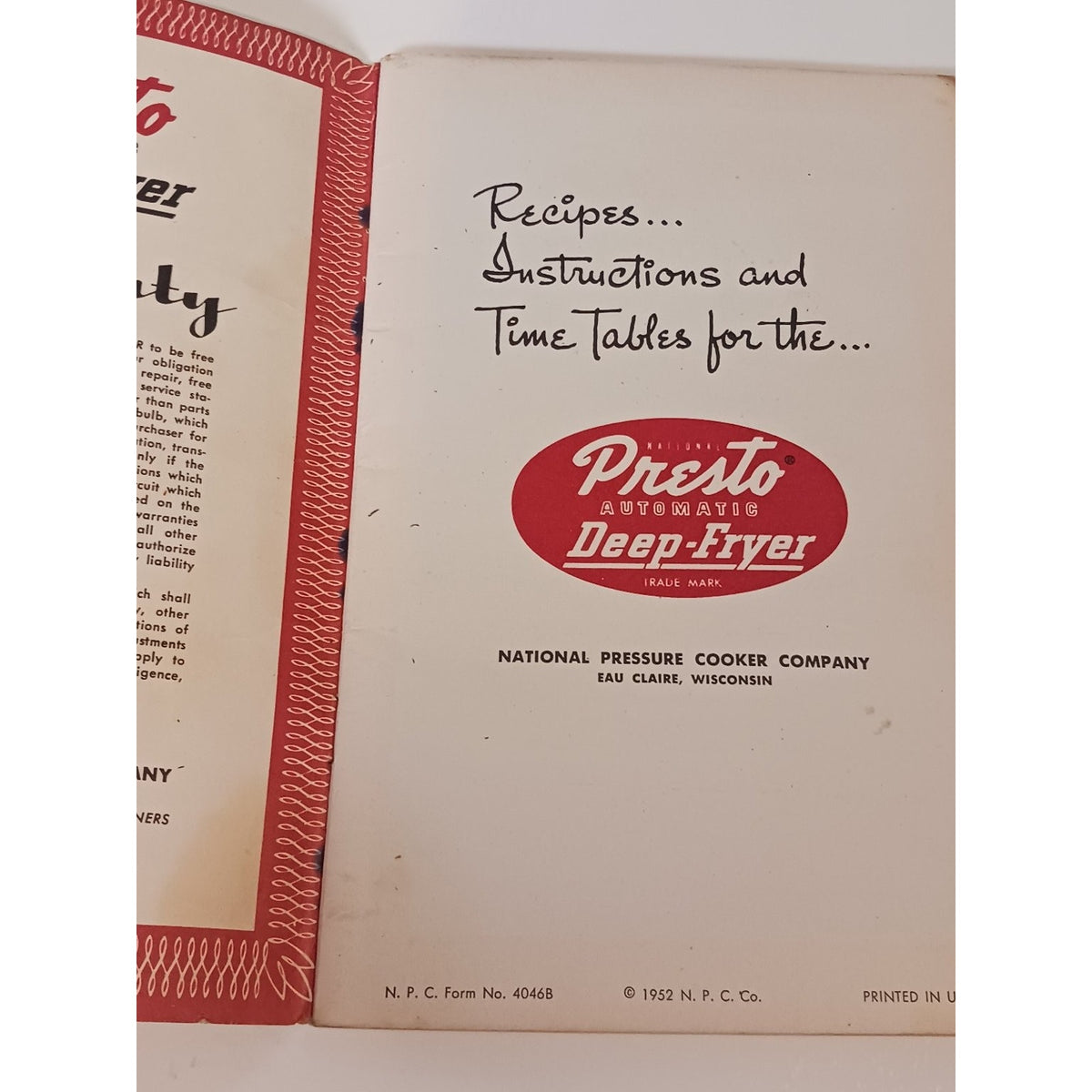 1952 Presto Automatic Deep-Fryer Recipe Instruction Manual Cooker Wisconsin