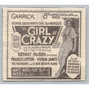 1931 Garrick Girl Crazy George Gershwin Broadway Show Ad Benny Rubin