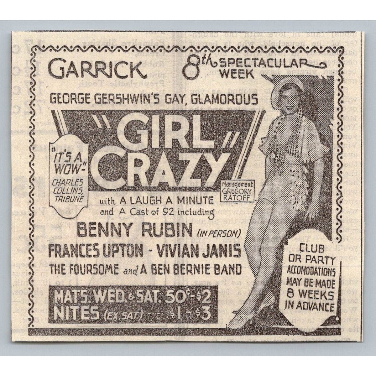 1931 Garrick Girl Crazy George Gershwin Broadway Show Ad Benny Rubin