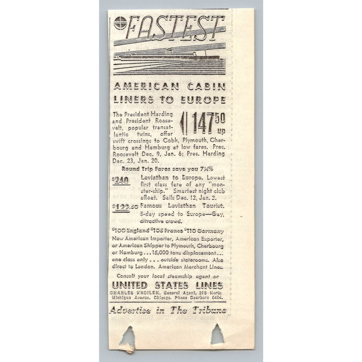 1931 United States Lines Ocean Liner Ad SS Leviathan Europe Travel Ephemera