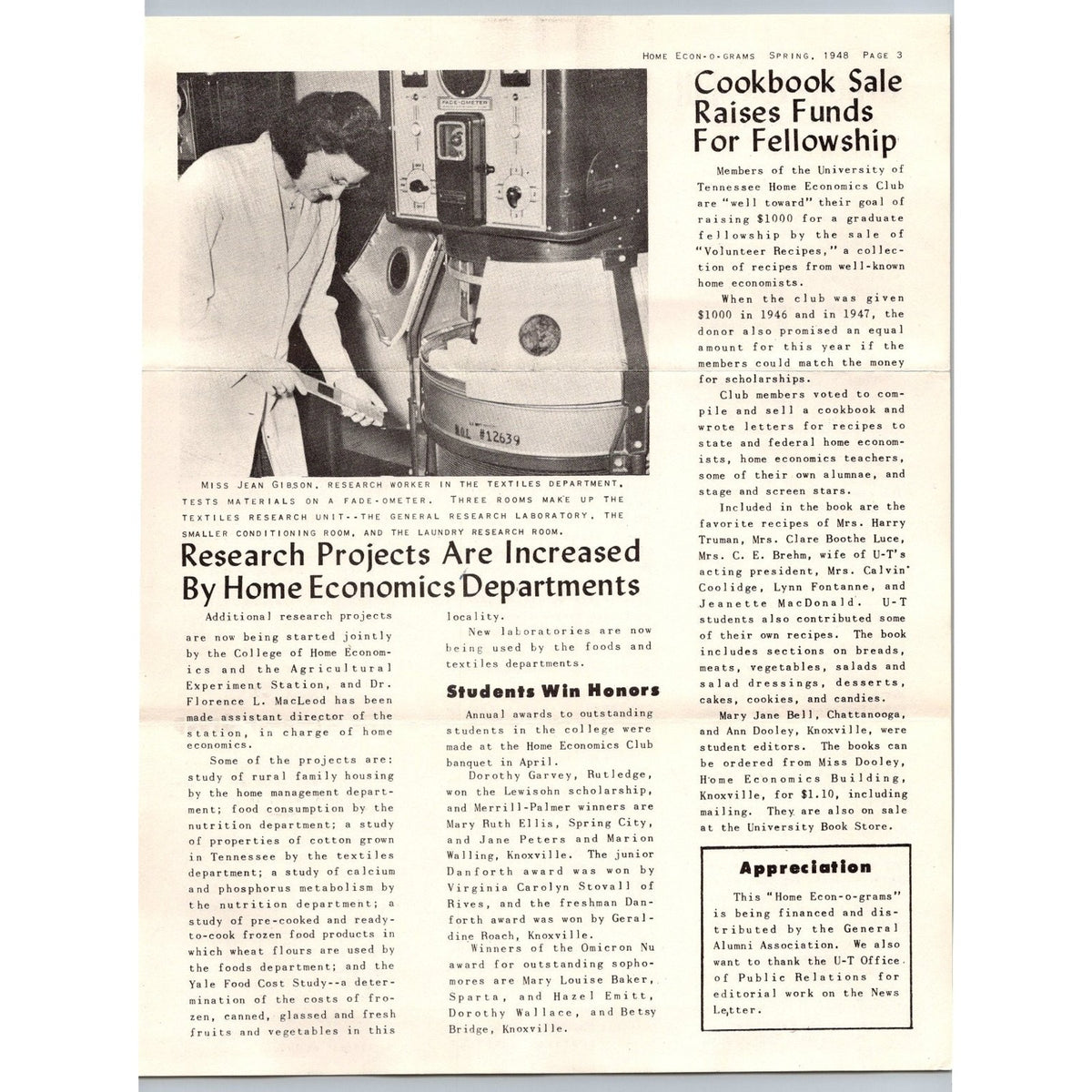 1948 University of Tennessee Home Economics Alumni Newsletter & Envelope UT
