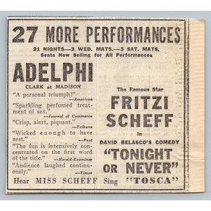 Fritzi Scheff Tonight or Never Adelphi Theater Chicago 1930s Newspaper Ad