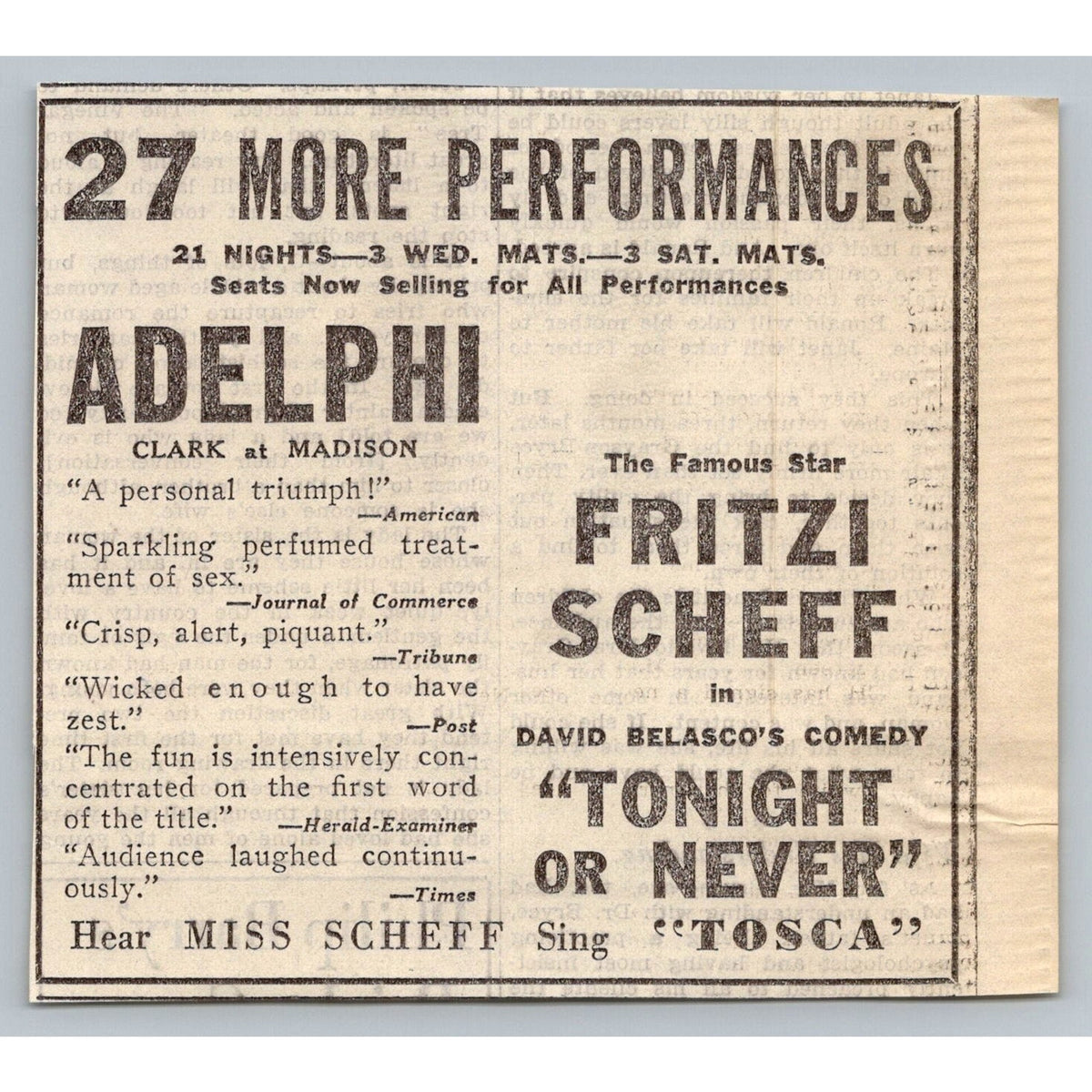 Fritzi Scheff Tonight or Never Adelphi Theater Chicago 1930s Newspaper Ad