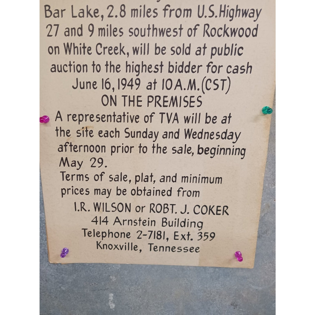 TVA Auction Sale Document Poster 1949 Watts Bar Lake Cottage Sites Knoxville TN