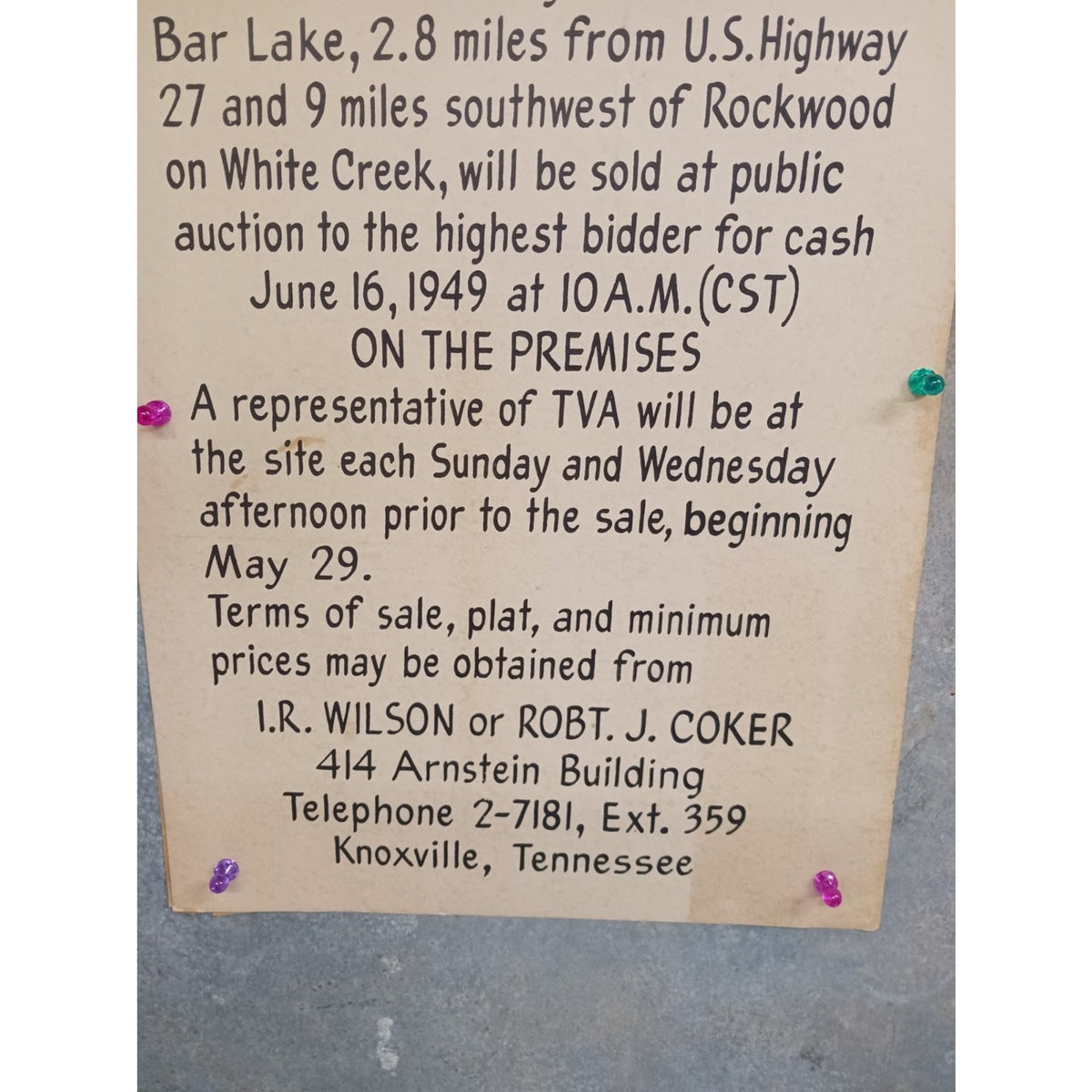 TVA Auction Sale Document Poster 1949 Watts Bar Lake Cottage Sites Knoxville TN