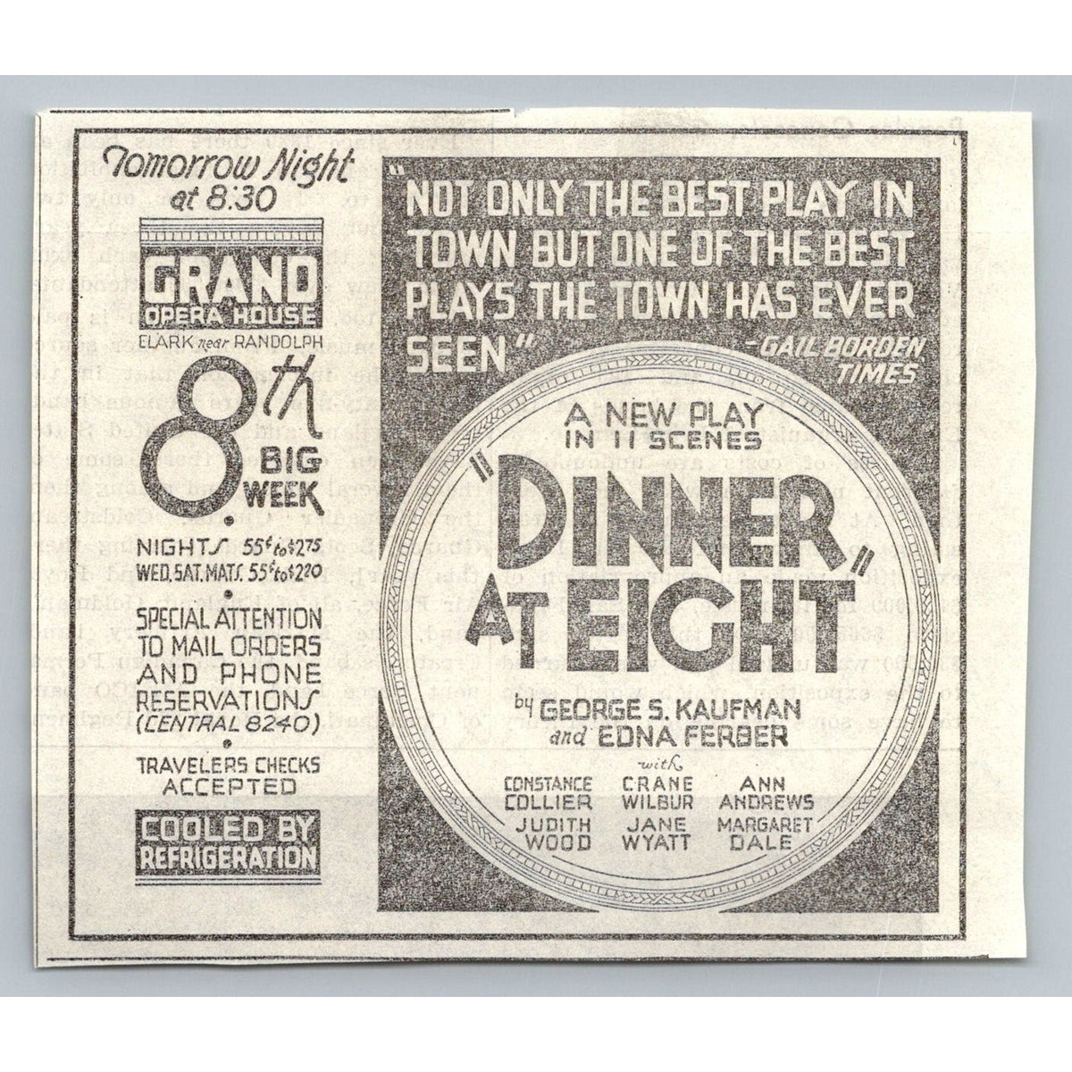 1933 Dinner at Eight Play Ad Chicago Grand Opera House Ephemera Kaufman Ferber