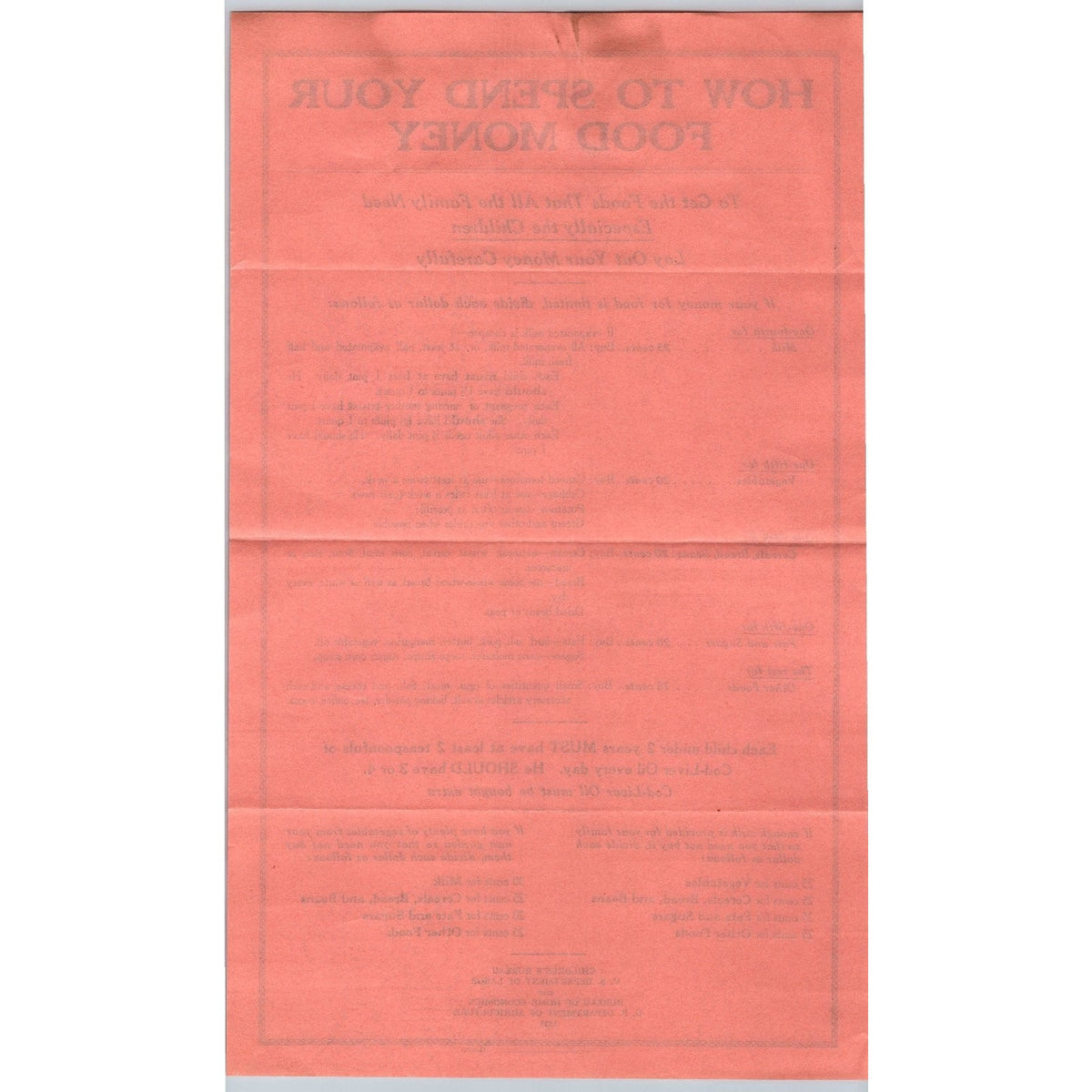 1931 US Government Food Money Guide Flyer Cod Liver Oil Ephemera Prices Poster
