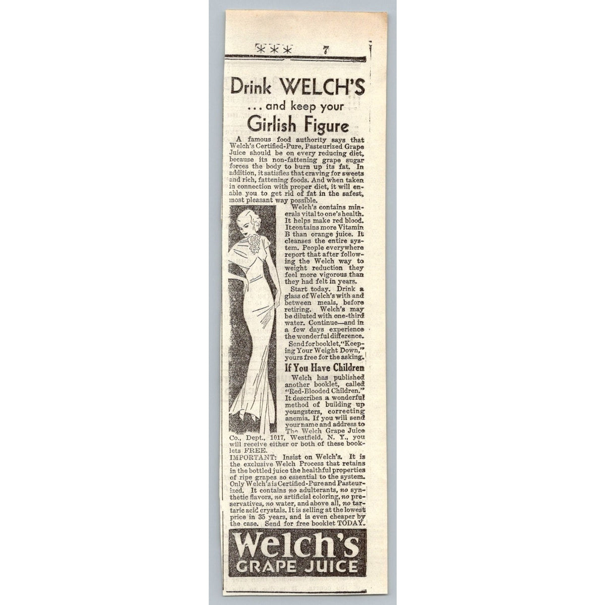 Vintage 1930s Welch's Grape Juice Girlish Figure Weight Loss Print Ad Ephemera