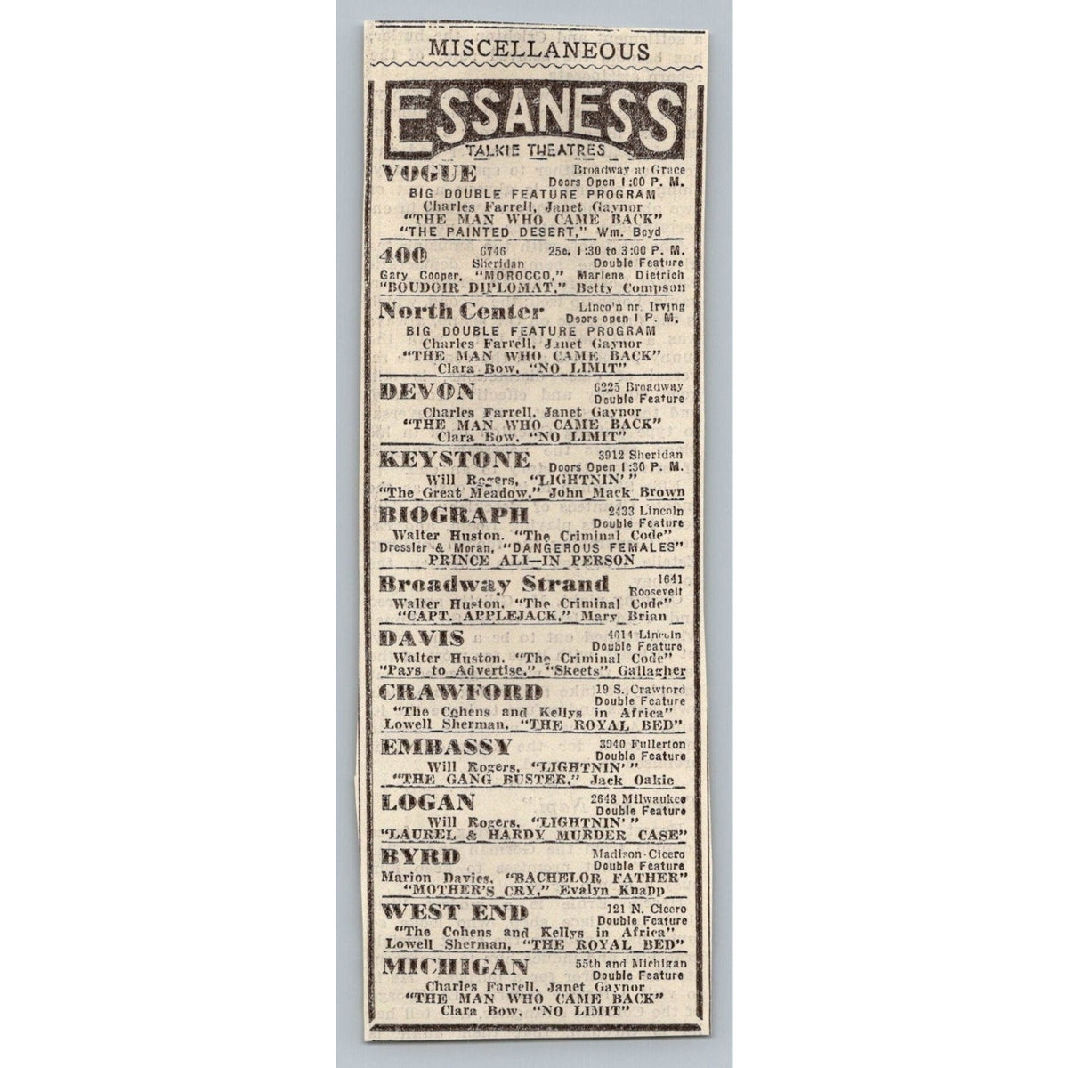 1931 Chicago Talkie Movie Theaters Newspaper Print Ad Gary Cooper Marlene