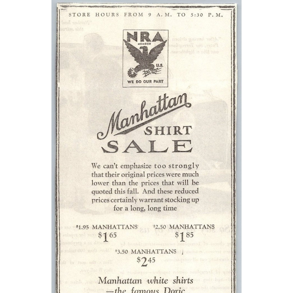 1930s Manhattan Shirt Sale Ad Maurice L. Rothschild NRA Member Minneapolis
