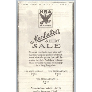 1930s Manhattan Shirt Sale Ad Maurice L. Rothschild NRA Member Minneapolis