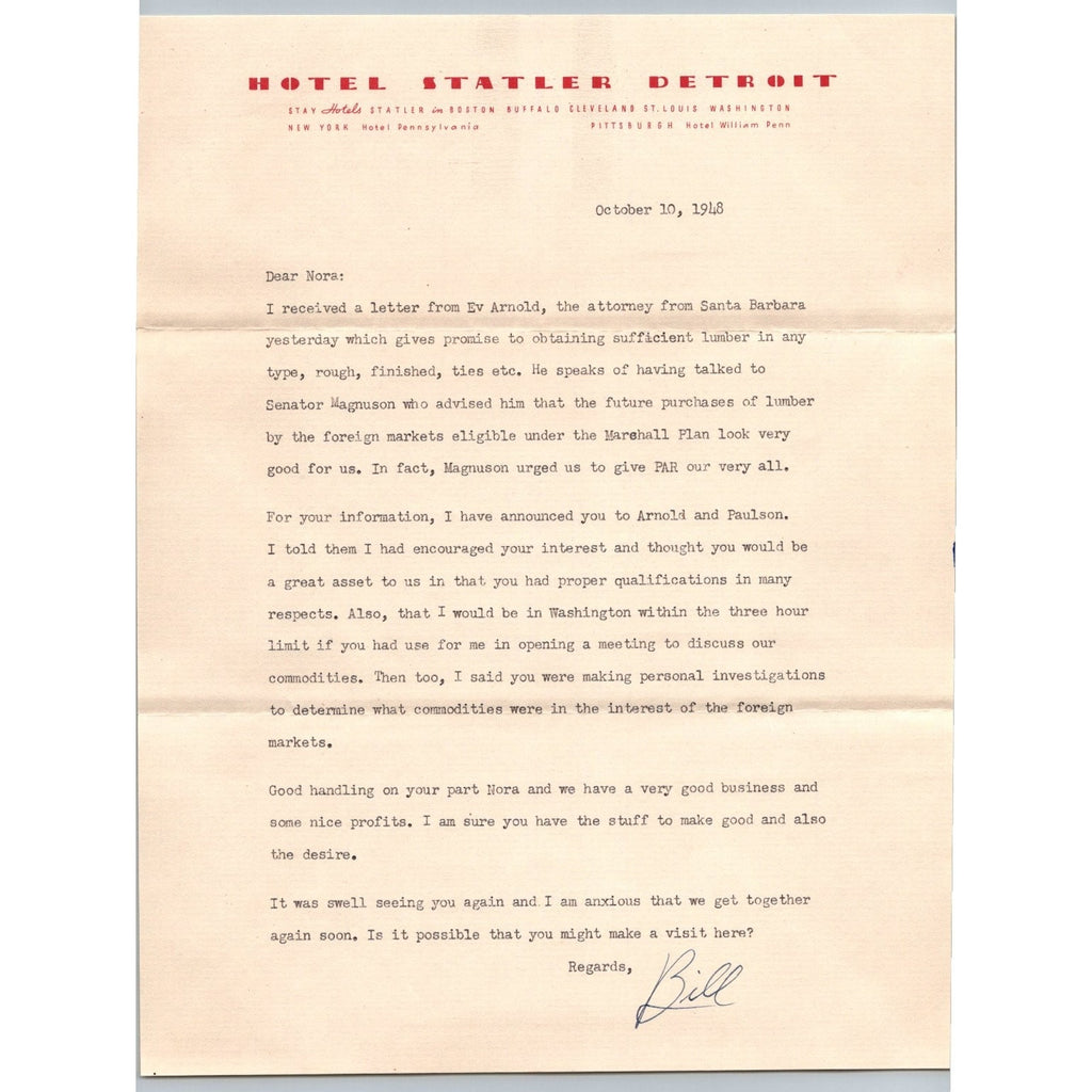 1948 Hotel Statler Detroit Letter Marshall Plan Senator Magnuson Ephemera WWII