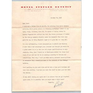 1948 Hotel Statler Detroit Letter Marshall Plan Senator Magnuson Ephemera WWII