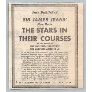1931 Sir James Jeans The Stars in Their Courses Astronomy Book Ad Ephemera NYC