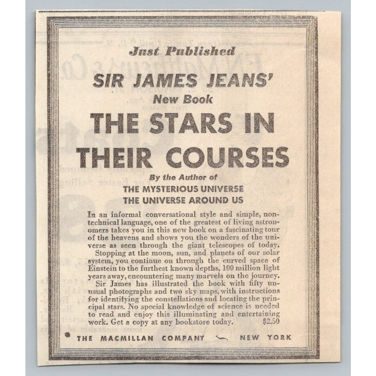 1931 Sir James Jeans The Stars in Their Courses Astronomy Book Ad Ephemera NYC