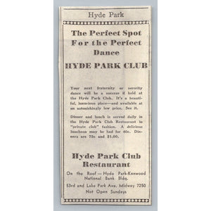 1931 Hyde Park Club Chicago Restaurant Dance Hall Vintage Ad Ephemera