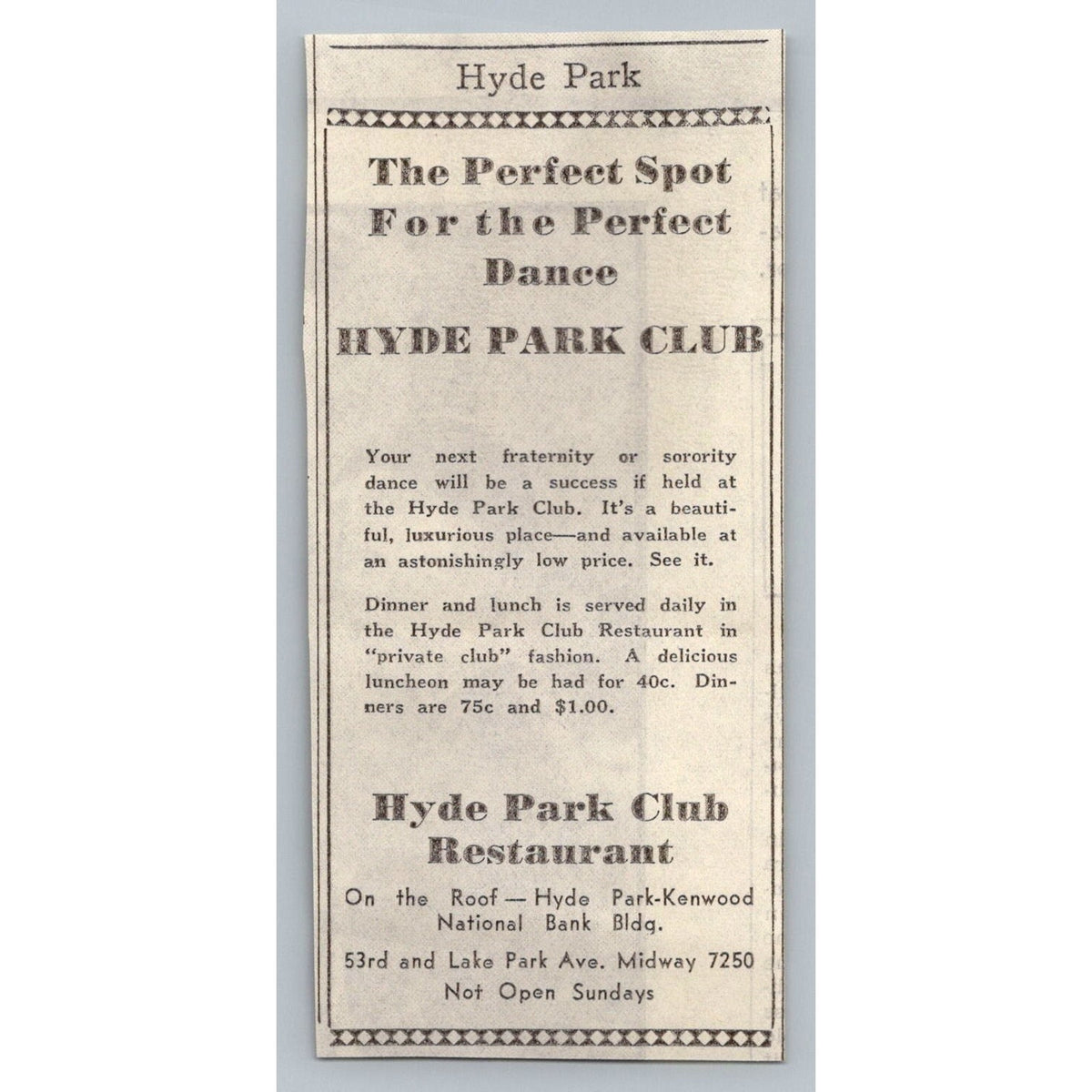 1931 Hyde Park Club Chicago Restaurant Dance Hall Vintage Ad Ephemera