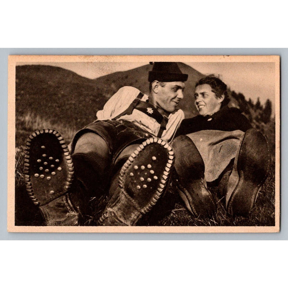 Vintage Bavarian Alps Rppc Couple Lederhosen Hiking Boots Hans Huber Munich