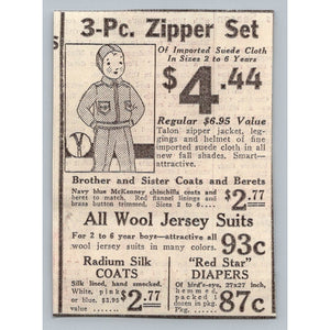 1930s Children's Clothing Ad Talon Zipper Suede Set McKenney Coats Ephemera