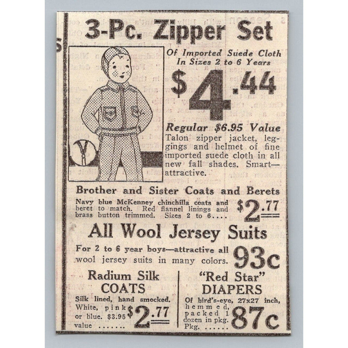 1930s Children's Clothing Ad Talon Zipper Suede Set McKenney Coats Ephemera