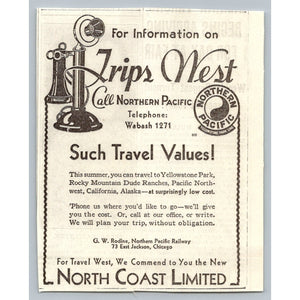 1933 Trips West Call Northern Pacific Railway Ad Yellowstone Candlestick Phone