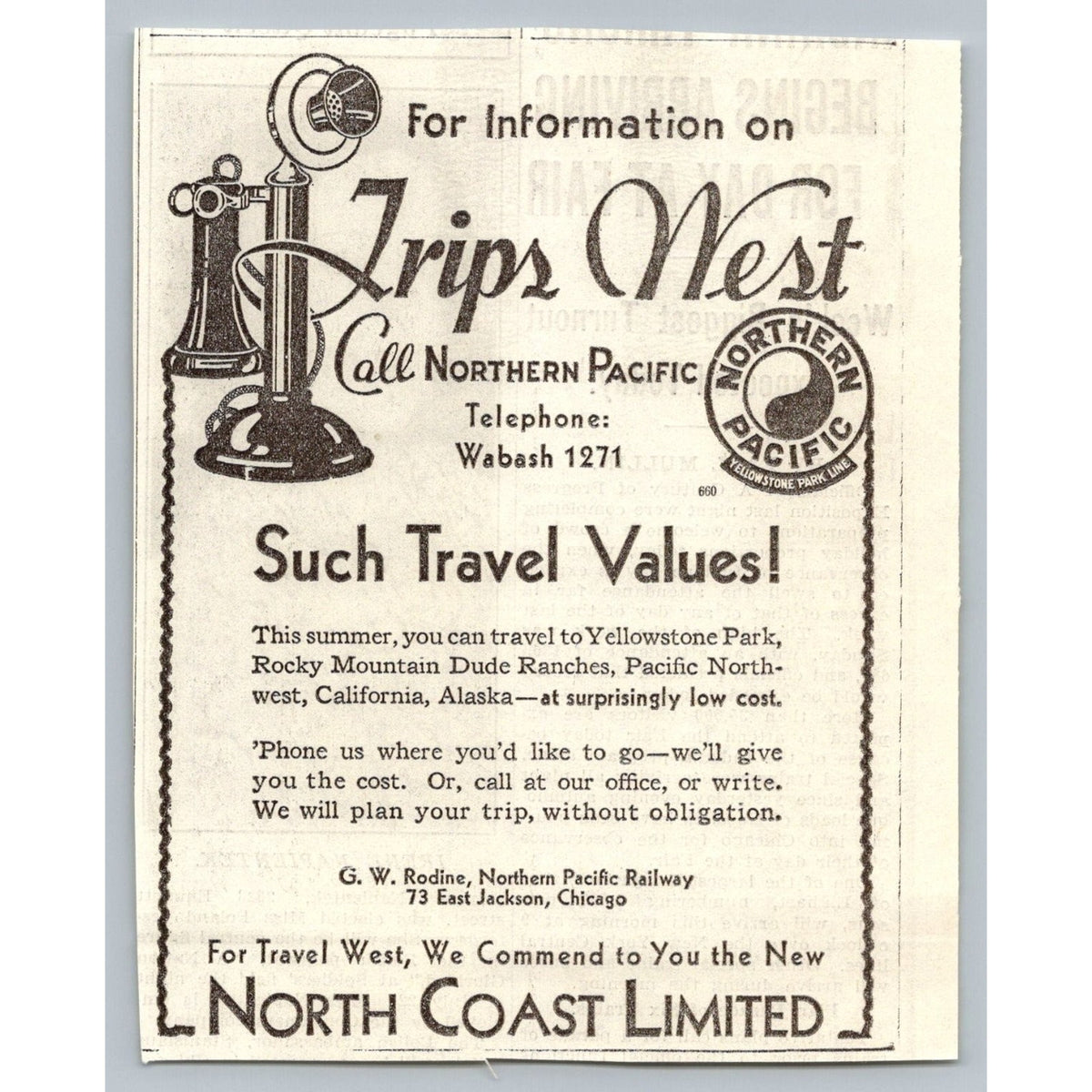 1933 Trips West Call Northern Pacific Railway Ad Yellowstone Candlestick Phone