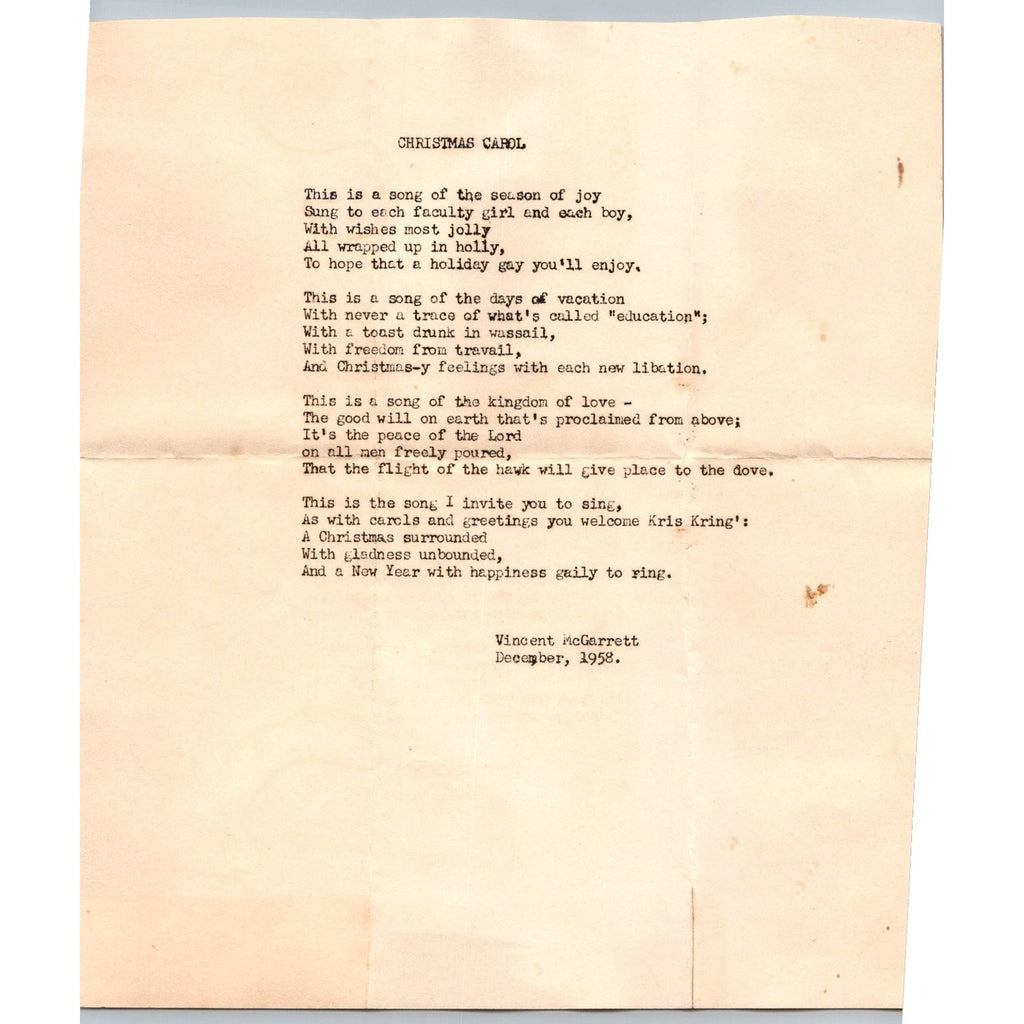1958 Vincent McGarrett Christmas Carol Poem Typed Sheet Ephemera Mid-Century