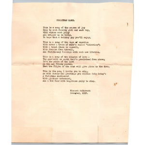 1958 Vincent McGarrett Christmas Carol Poem Typed Sheet Ephemera Mid-Century