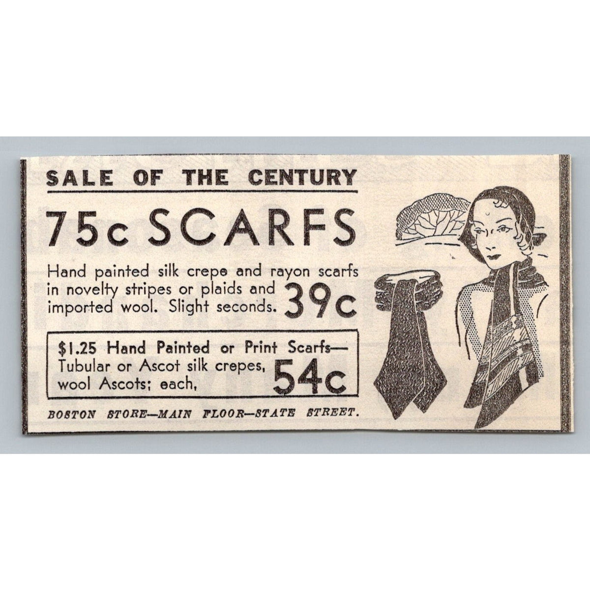 Vintage 1931 Boston Store Scarf Print Ad Ephemera Fashion Flapper Illustration