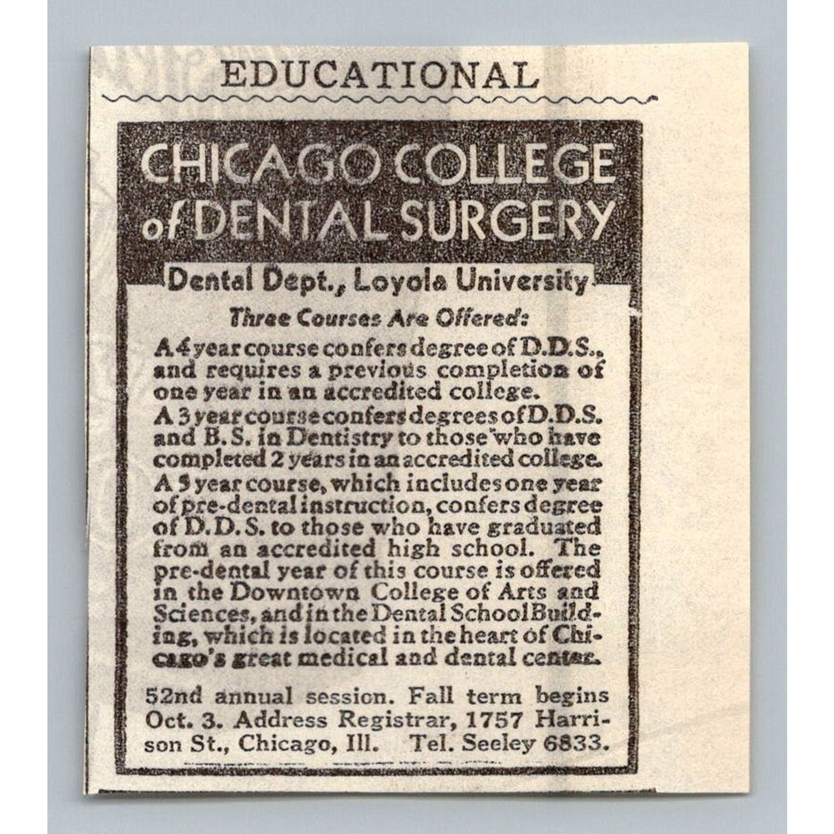 1933 Chicago College of Dental Surgery Loyola University Ad Ephemera