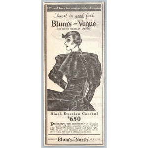 1930s Blum's Vogue Chicago Fur Coat Ad Black Caracul Fashion Ephemera