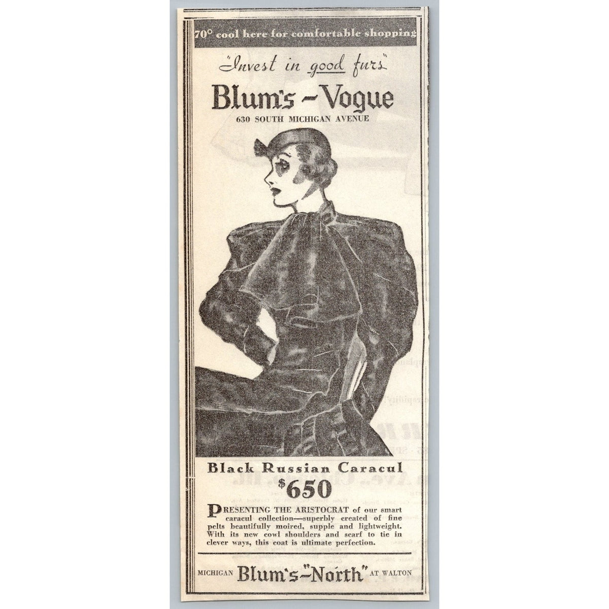 1930s Blum's Vogue Chicago Fur Coat Ad Black Caracul Fashion Ephemera