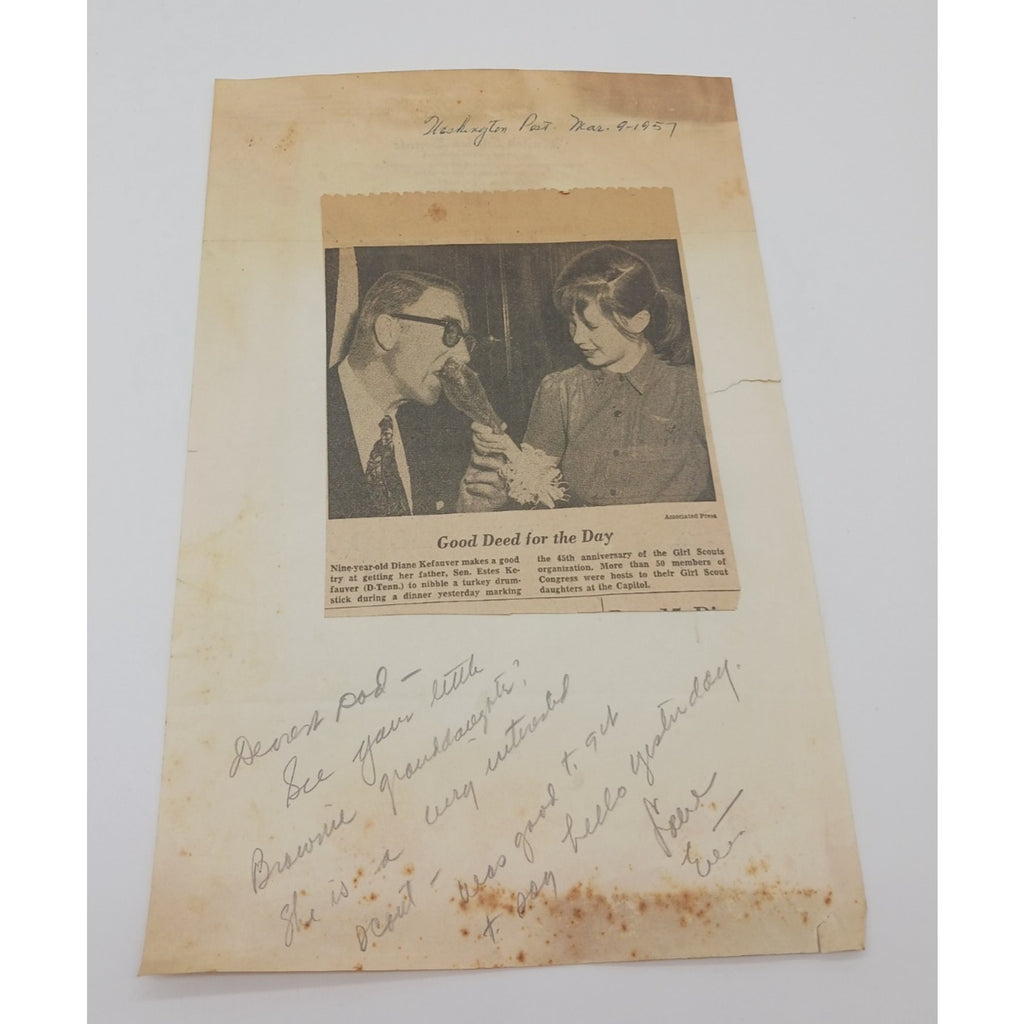 Handwrote Note Signed Estes Kefauver W/ Daughter Newspaper Clipping Sent To Dad