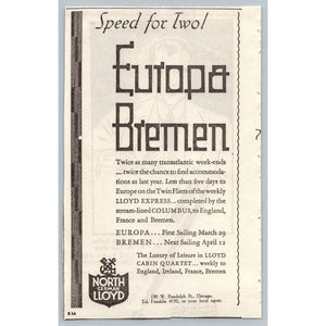 1930 North German Lloyd Europa Bremen Ocean Liner Travel Print Ad Chicago