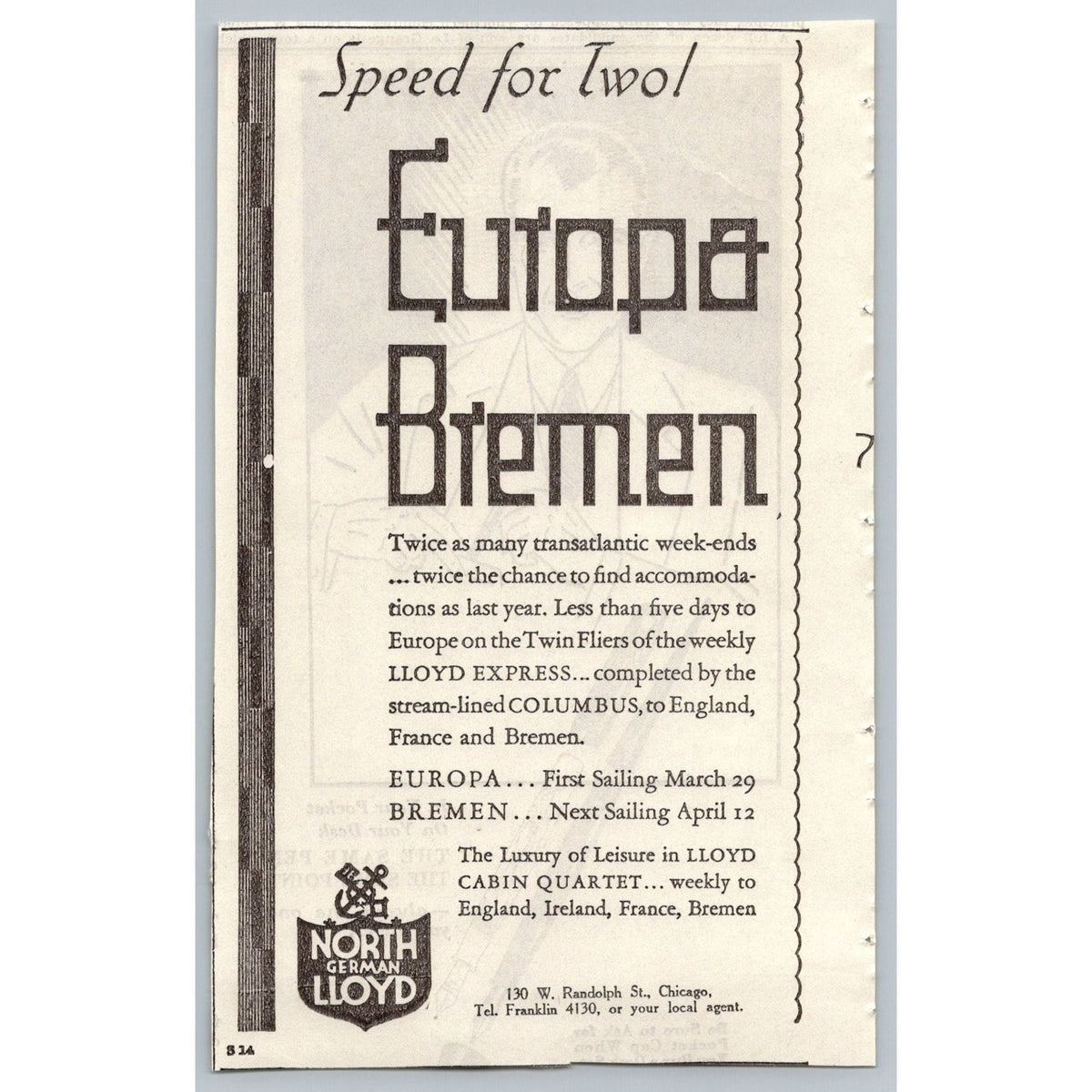 1930 North German Lloyd Europa Bremen Ocean Liner Travel Print Ad Chicago