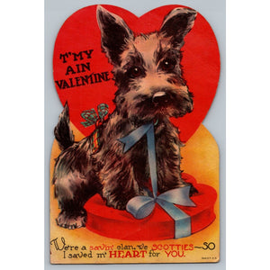 Vintage 1940s Large Scottie Dog Valentine's Day Greeting Card Heart Shaped USA