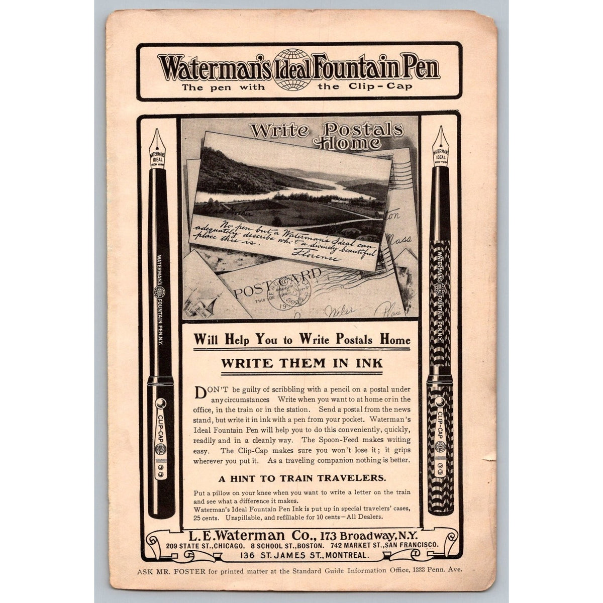 1907 Waterman's Ideal Fountain Pen Clip-Cap Advertising Ad Ephemera Postcards