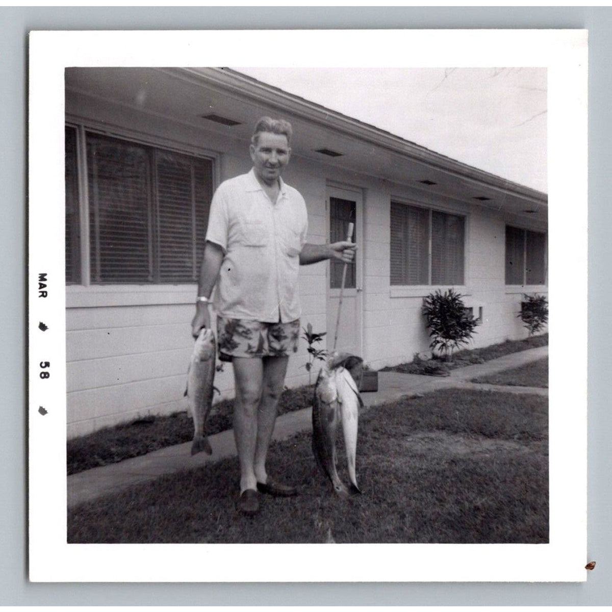 Fisherman Man Holding Fish 1958 Snapshot Photograph Outdoor Hobby Americana