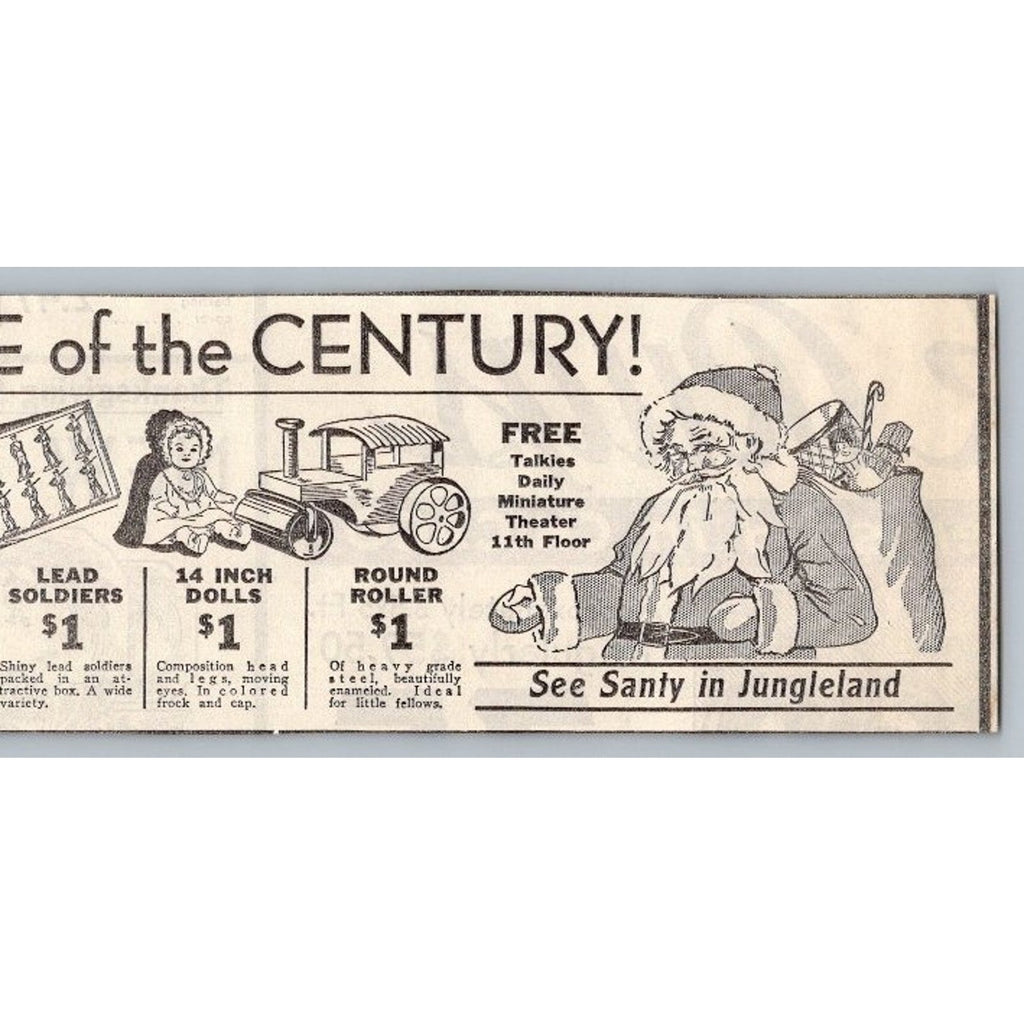 1931 Boston Store Christmas Toy Depression Era Print Ad Sale Santa & Talkies