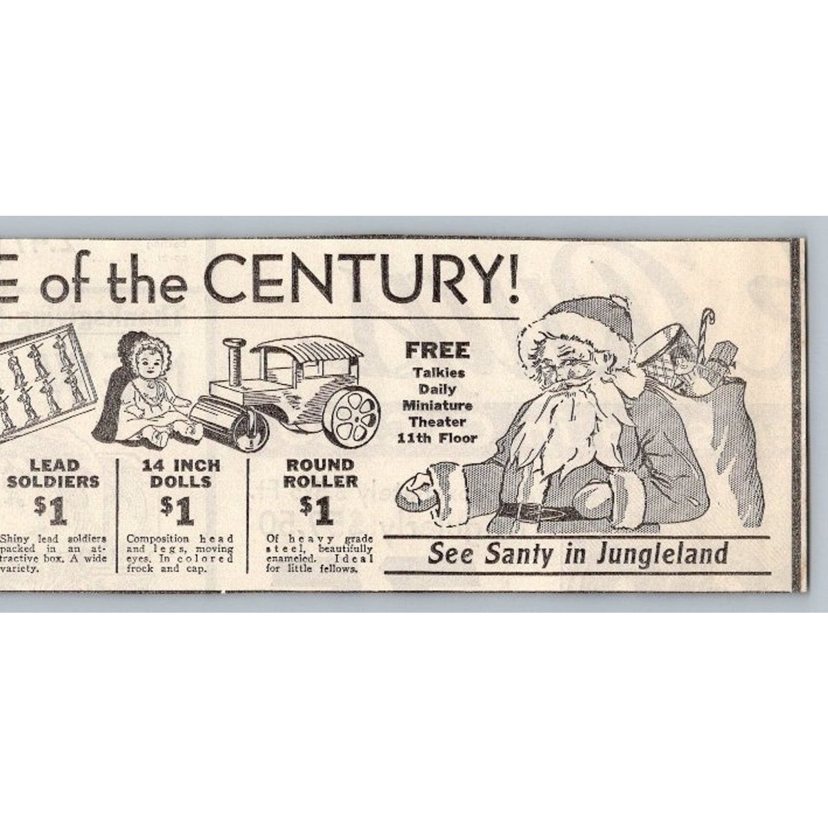 1931 Boston Store Christmas Toy Depression Era Print Ad Sale Santa & Talkies