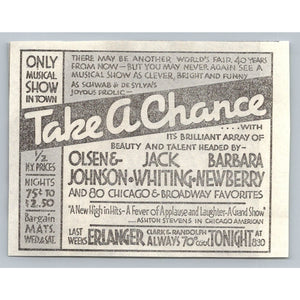 1933 Take A Chance Musical Ad Olsen & Johnson Jack Whiting Erlanger Theater