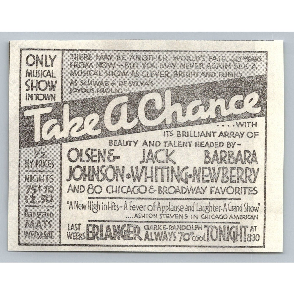1933 Take A Chance Musical Ad Olsen & Johnson Jack Whiting Erlanger Theater