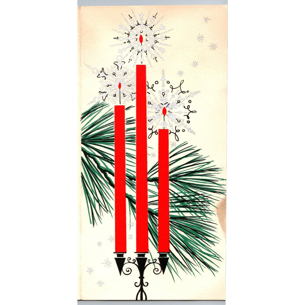 1950s Red Candles Snowflakes Pine Vintage Rust Craft MCM Christmas Greeting Card