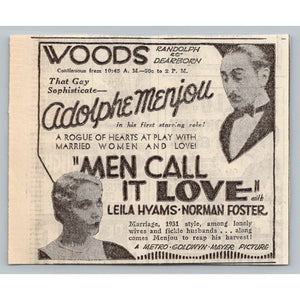 1931 Adolphe Menjou Men Call It Love Movie Print Ad Chicago Woods Theater MGM