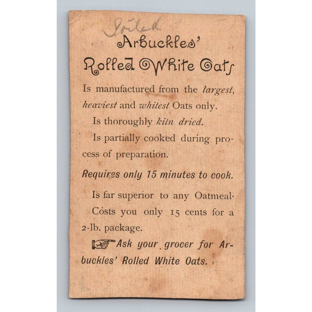 1890s ArBuckles Rolled White Oats Advertising Trade Card Boy Dog Bubbles