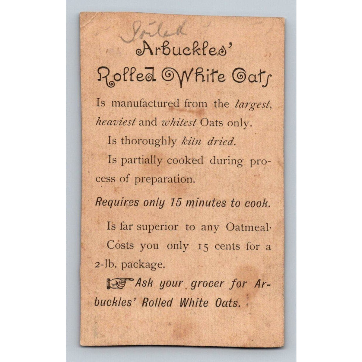 1890s ArBuckles Rolled White Oats Advertising Trade Card Boy Dog Bubbles